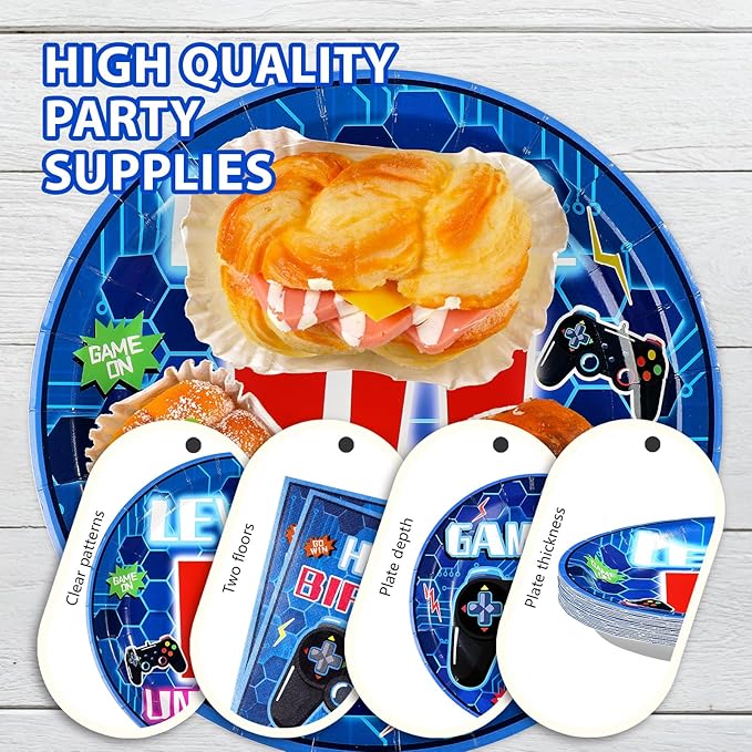 96 Pcs 14th Video Game Birthday Party Decorations Blue Video Game Level 14 Birthday Plates and Napkins Tableware Sets for Kids Boys 14 Years Old Gamer Gaming Party Supplies Favors Serves 24