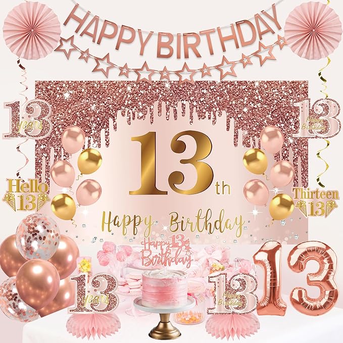 13th Birthday Decorations for Girls, Pink Rose Gold Happy 13 years old Birthday Banner Backdrop Balloons Sash Table Cake Topper Honeycomb Centerpieces Hanging Swirls Paper Fans Party Supplies