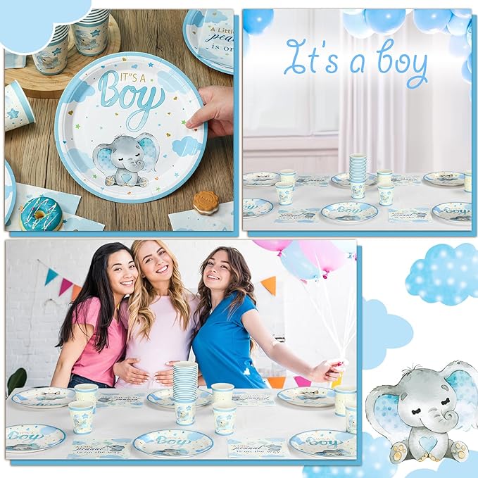 200 Pcs Blue Elephant Baby Shower Paper Plates Napkins Cups Its a Boy Baby Shower Party Supplies Tableware Set Elephant Disposable Cup Napkin for 50 Guest Girls Spring Party Decoration