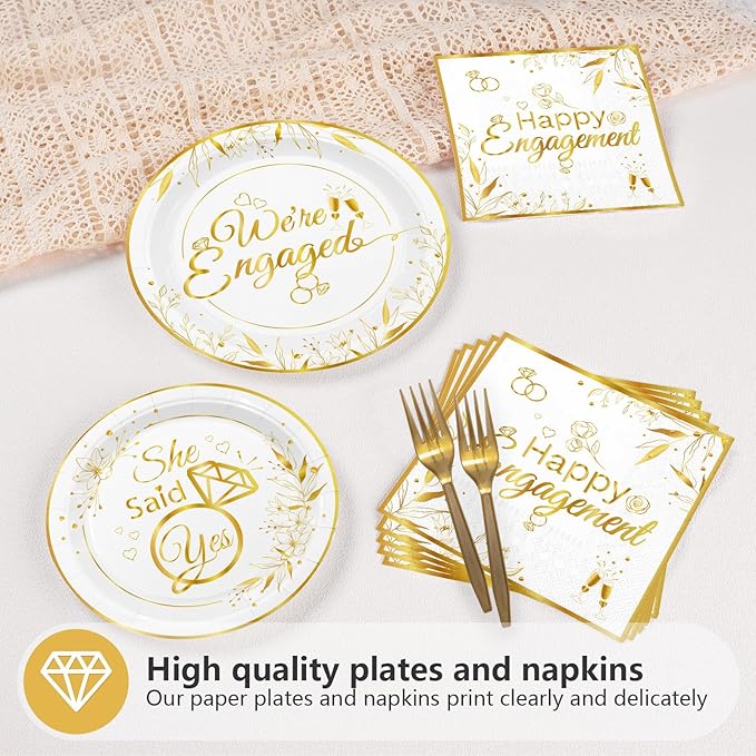 Grencian 96Pcs Happy Engagement Party Supplies White Gold Diamond Ring Plates Napkins She Said Yes Party Disposable Dinnerware for Wedding Bridal Shower Just Engaged Decoration Serve 24