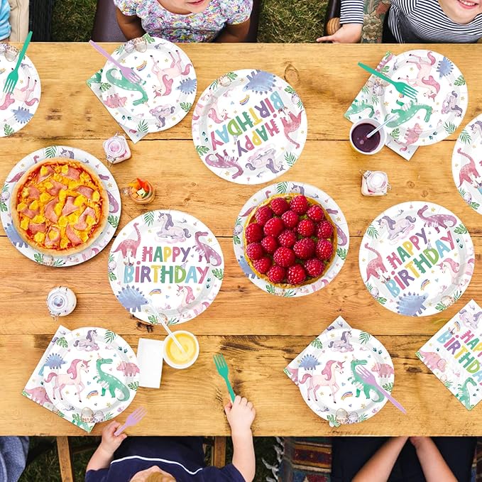 96Pcs Dinosaur Unicorn Birthday Party Decorations Dinosaur Unicorn Birthday Plates and Napkins Set Rainbow Dino Decoration for Girls Princess Magical Pastel Pink Rainbow Bday Party Supplies Serves 24