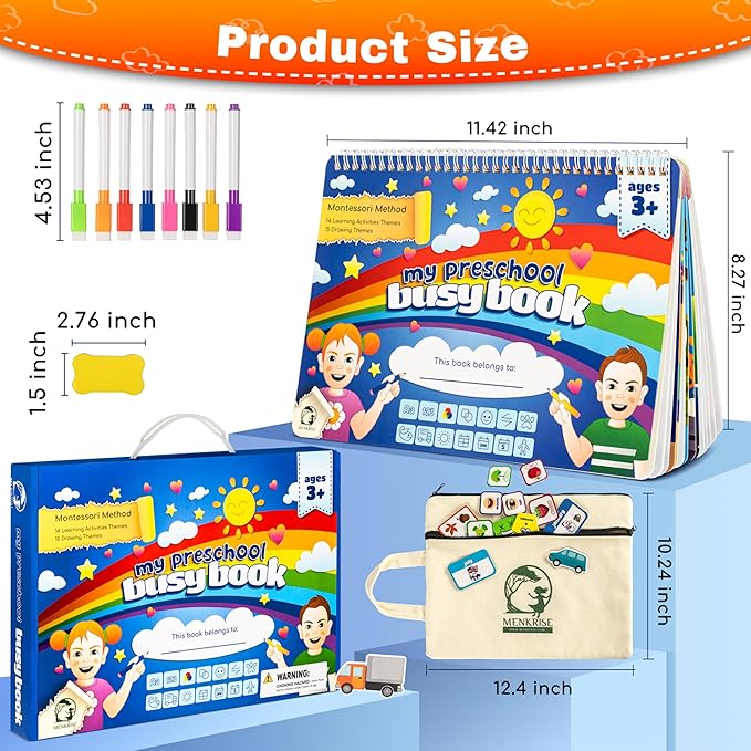 Montessori Busy Book for Toddlers 3–5 | Preschool Learning Activities | Educational Toddler Book with 14 Themes, 15 Drawing Pages & Guided Stickers | Fine Motor Skills Toy & Travel Activity