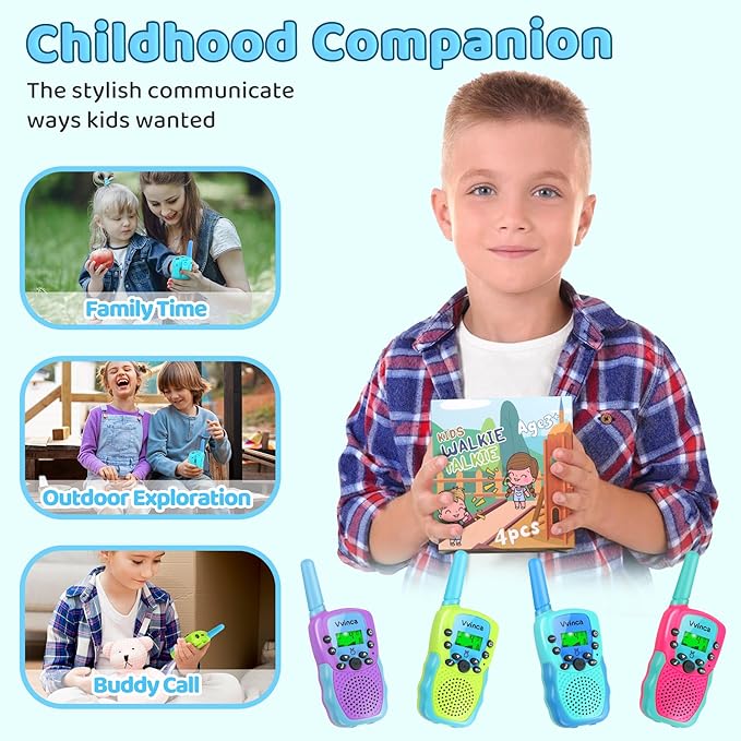 Vvinca Walkie Talkies for Kids Rechargeable 4 Pack, 3 Mile Walkie Talkie Long Range, Christmas Birthday Gift for Age 3-12 Boy Girl with Flashlight 22CH 2 Way Radio for Adventure Camping Outdoor Hiking