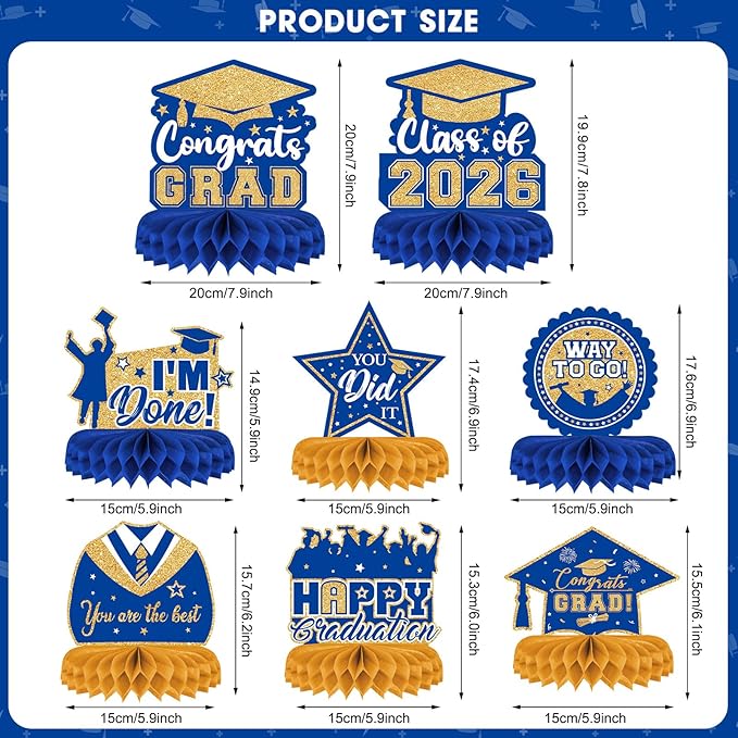 8 Pieces Class of 2026 Graduation Table Decorations - 2026 Congrats Grad Honeycomb Centerpieces, Graduation Table Toppers Decor for 2026 Graduation Party Decorations Favor Supplies, Blue and Gold