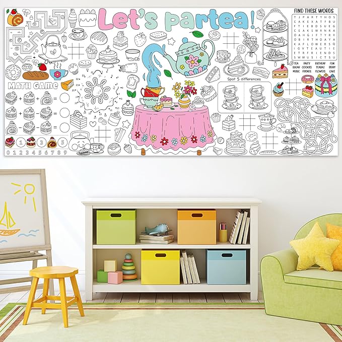 Naozinebi Spring Tea Time Giant Coloring Poster for Kids Large Coloring Tablecloth Big Paper Sheets Page Flower Table Cloth DIY Activity Game Art Crafts Mat Wall Home Party Decoration Supplies