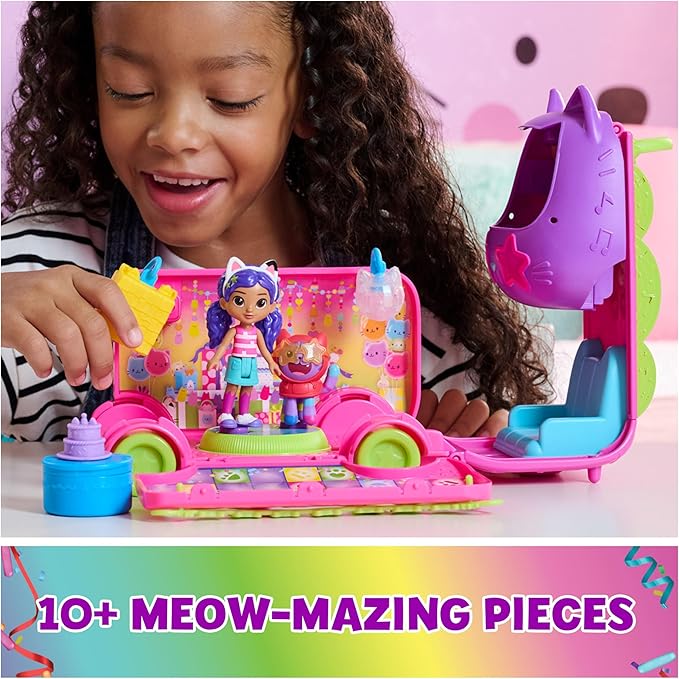 DreamWorks GABBY'S Dollhouse Celebration Party Bus, Transforming Playset with Gabby & DJ Catnip Toy Figures & Dollhouse Accessories, Kids Toys for Ages 3 and Up