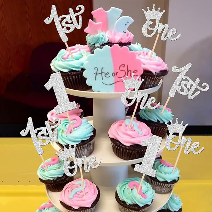 24 PCS 1st Birthday Cupcake Toppers - Glitter Wild One Cupcake Picks Crown - Boho Theme Party Cake Decorations - Silver