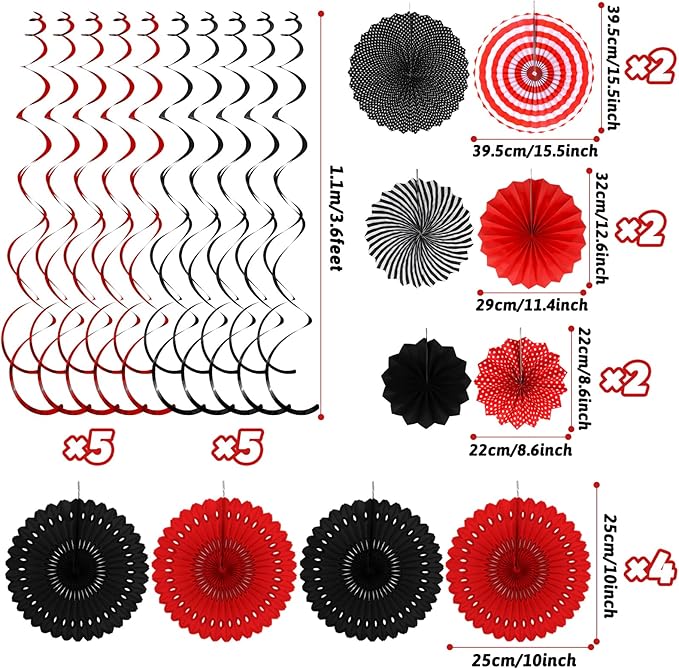 Black Red Party Decorations, Easy Assembly Paper Fan Honeycomb Ball Garland Hanging Swirl Graduation Party Supplies for Boy Girl Women Birthday Congrats Grad Party Decorations