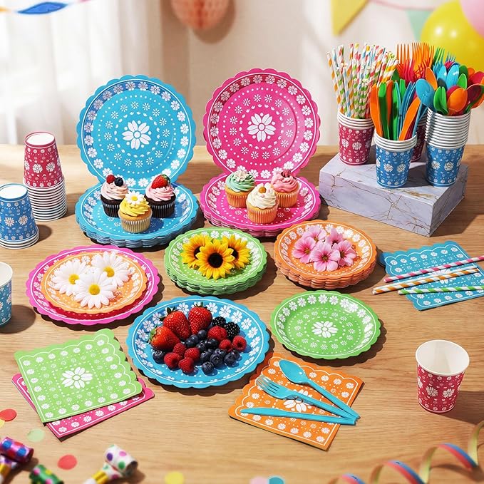 450 Pcs Fiesta Tableware Set Decorations Cinco De Mayo Paper Plates Mexican Colorful Papel Picado Disposable Napkins Cups Cutlery Straws for Taco Carnival Birthday Party Supplies, Serves 50