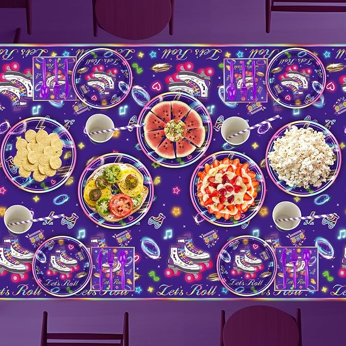 199 Pack Roller Skating Party Supplies Roll Theme Birthday Decoration Roller Skate Birthday Party Tableware Set Let's Roll Birthday Party Packs Serves 20, Purple