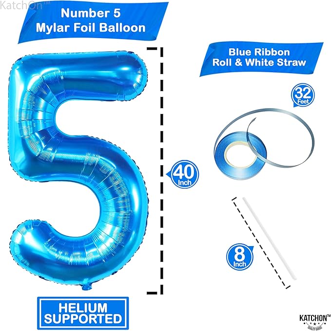 KatchOn, Giant Blue Five Balloon Number - 40 Inch | Number 5 Balloon, 5th Birthday Decorations for Boys | Blue 5 Shark number Balloons | 5 Year Old Balloon for Birthday party | Anniversary Supplies