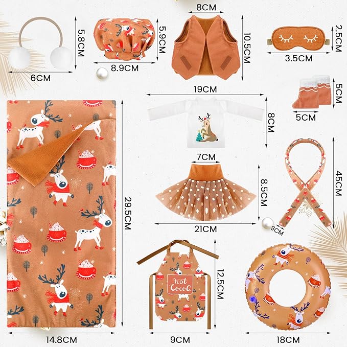 Kacctyen 11 Pcs Christmas Accessories Include Brown Doll Sleeping Bag Apron Chef Hat Ear Muffs Scarf Top Shorts Vest Ski Ring Eye Mask Skirt Snowmen Clothes (Reindeer Style)