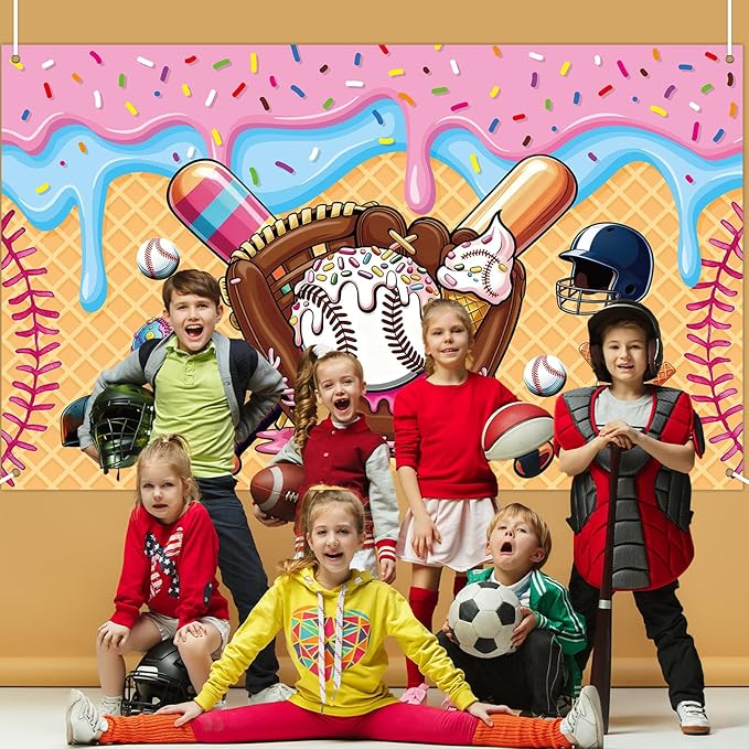Ice Cream Drip Baseball Party Decoration Baseball Ice Cream Theme Banner Sport Party Hanging Photo Booth Supplies Sport Birthday Parties Background banner for Kids Teenager Holiday Christmas Supplies