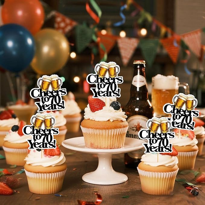 Ercadio 28 PCS Beer Party Cupcake Toppers Cheers and Beers Happy Birthday Decor for Cheers to 70 Years Cake Topper Favor for Summer Family Party Decor Supplies