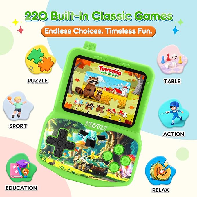 Retro Handheld Game Console for Kids, Built-in 220 Classic Games, 3.5'' IPS HD Screen, Portable Video Game Player with Rechargeable Battery, Perfect Travel Gift Toy for Boys Girls Ages 3-12 (Green)