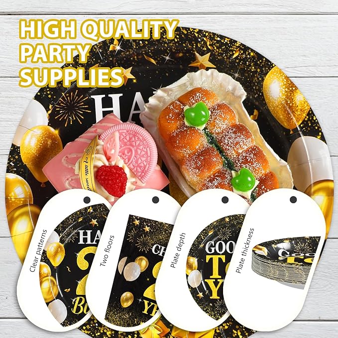 Grencian 96Pcs Happy 20th Birthday Party Supplies Gold and Black Goodbye Teen Years Paper Plates and Napkins Cheers 20 Years Sets for 20 Year Old Teen Girls Theme Party Decoration Serves 24