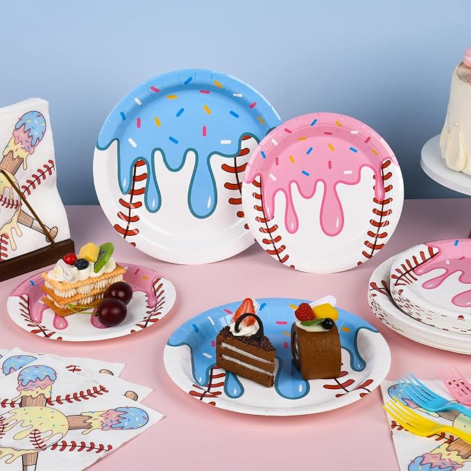 96 Pcs Baseball Ice Cream Drip Party Supplies Disposable Tableware Set Include Baseball Paper Plates and Napkins Plastic Forks for Sports Theme Birthday Decorations, Serve 24 Guests