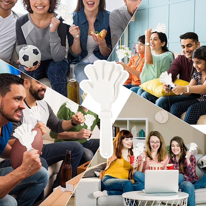 BBTO 30 Pcs Hand Clappers Noisemakers 7.5 Inch Plastic Party Clappers for Fiesta Birthday Party Supplies Carnival Prize Football Sport Accessories Favor(White)