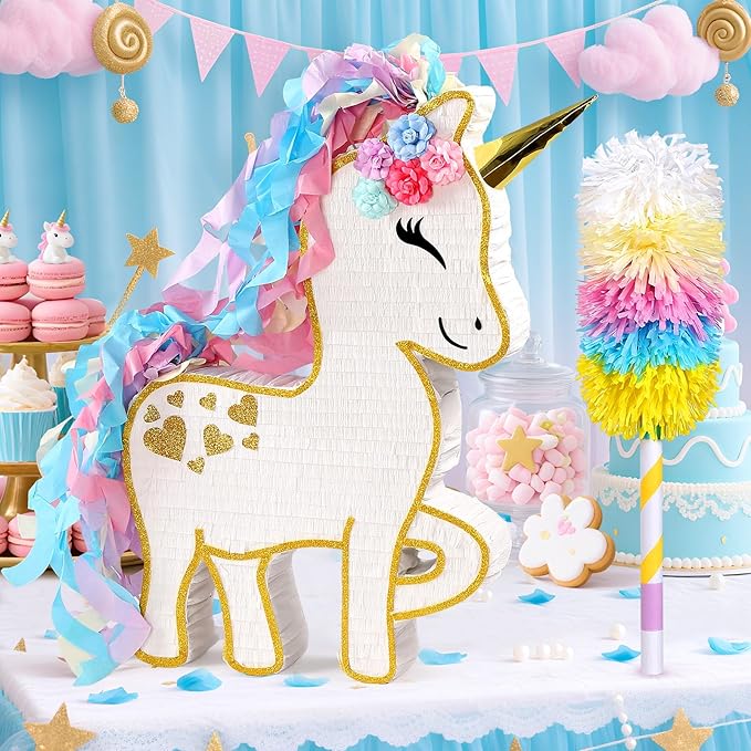 24" Large Rainbow Unicorn Pinata for Birthday Party, Large Magical White Unicorn Party Decorations with Gold Horn, Paper Mache Pinata for Candy Fillers, Pull String/Hit Game for Kids Girls Teens