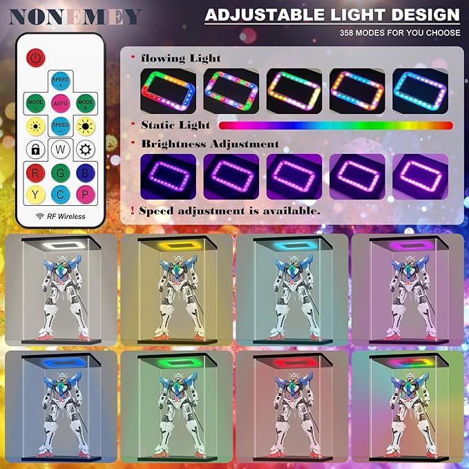 NONEMEY Clear Acrylic Display Case with RGB LED Light for 400% Bearbrick, Dustproof Model Showcase Organizer Box, Display Case for Collectibles Bearbrick (6×4.7×11.8inch,15×12×30cm)