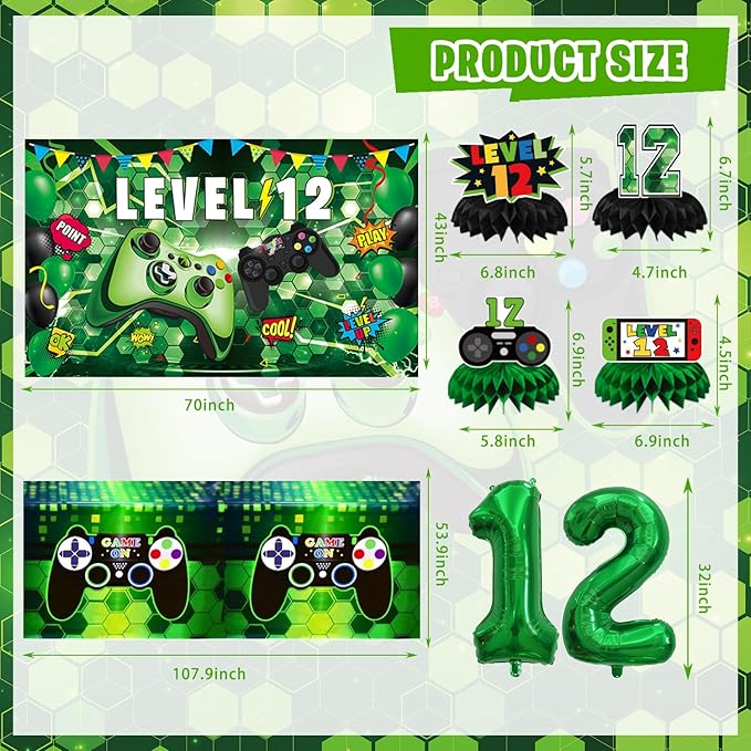 12th Birthday Decorations for Boys, 149Pcs Green Video Game level 12 Party Supplies for Boy 12th Birthday - Backdrop, Banner, Tablecloth, Centerpieces, Hanging Swirl, Hat, Wall Signs