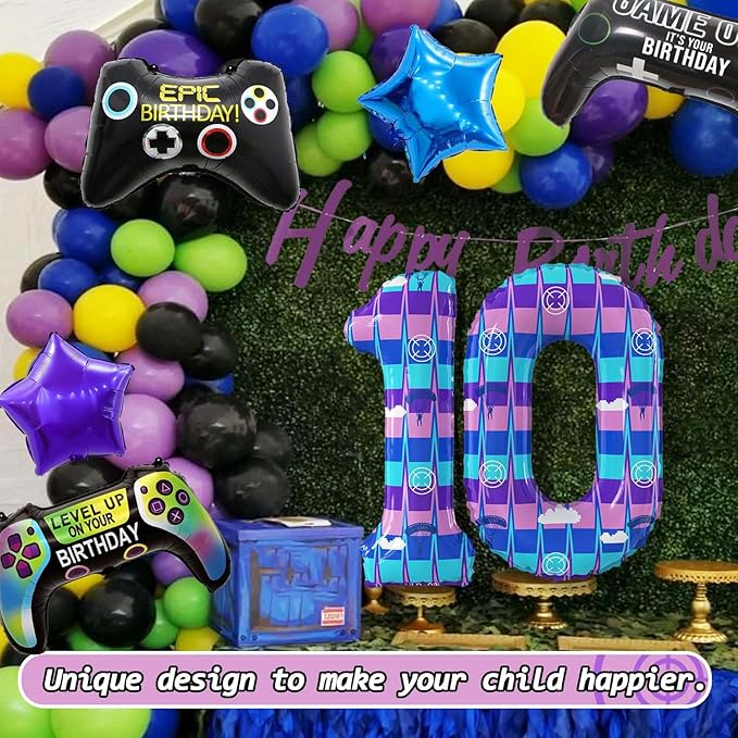 Video Game Theme Birthday Party Number Balloons Piñata Gaming Party Decor Balloons Large Number Balloons for Kids Battle Boys Birthday Party Decoration Supplies(Number 10 Set)