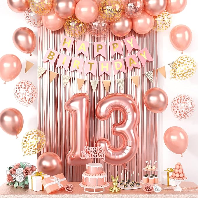 13th Birthday Decorations, Rose Gold 13 Happy Birthday Party Decorations With Gold Confetti Latex Balloons Number 13 Balloons Banner Fringe Curtain Cake Topper For Girl Woman Party Decoration
