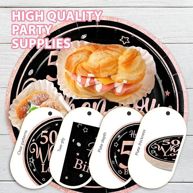 96Pcs 50th Black and Pink Birthday Party Supplies 50 Is Fine When You Look 39 Plates and Napkins Black and Pink Theme Tableware Set for Women 50th Birthday Party Decorations Serves 24