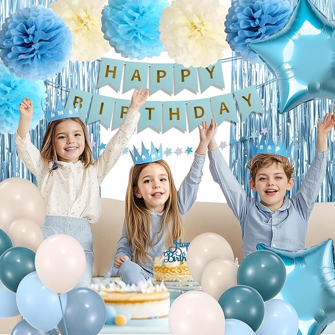 Blue Birthday Decorations for Women, Happy Birthday Party Decorations, Happy Birthday Banner, Baby Blue Balloons, Foil Fringe Curtains, Tissue Paper Pompoms, Star Garland, Party Decor for Girls