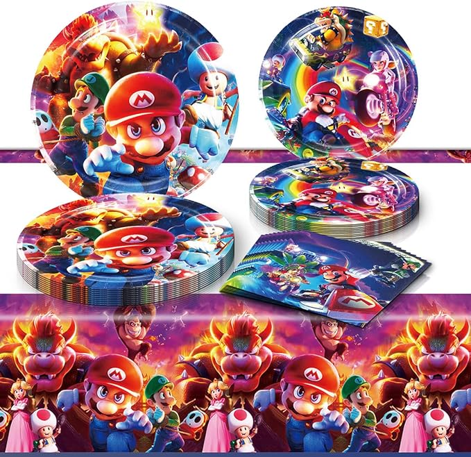 Mario Move Party Supplies 41Pack include 20 plates, 20 napkins 1 tablecloth for Mario Move birthday party Decoration