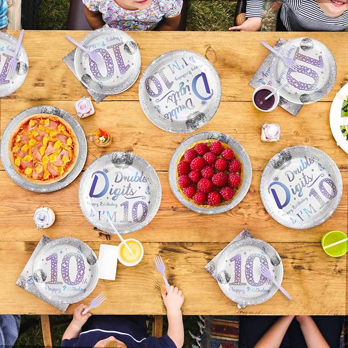 Grencian 96 Pcs Disco 10th Birthday Decorations for Girls Boys Silver Dazzle Double Digits Plates Supplies Disposable Iridescence Happy 10th Birthday Tableware Set for Kids I'm 10 Themed Party Favors