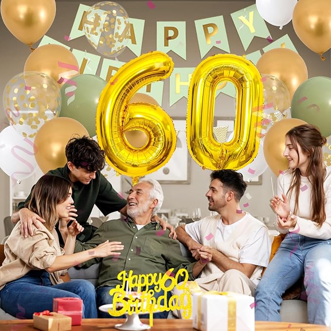 60th Birthday Decorations for Men Women, sage green Happy Birthday Party Decorations With Gold Number 60 Balloons Gold Confetti Latex balloons Fringe Curtain Cake Topper For 60th Party Supplies