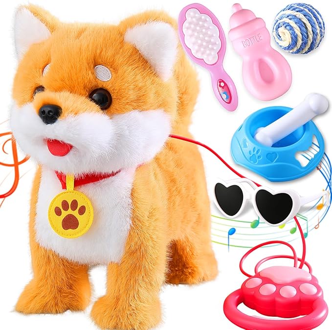 Walking Barking Singing Corgi Puppy Toy, Repeats What You Say, Realistic Licking Tongue Wagging Tail Mechanical Dog with Touch or Voice Control, Interactive Music Dancing Plush Pet for Kids