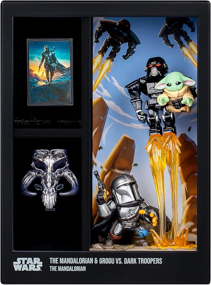 Fandrop - Star Wars: The Mandalorian™ - The Mandalorian & Grogu vs Dark Troopers, Displayable Diorama, Artifacts & Scene Marker to Enhance Collection, 4 Star Wars to Collect