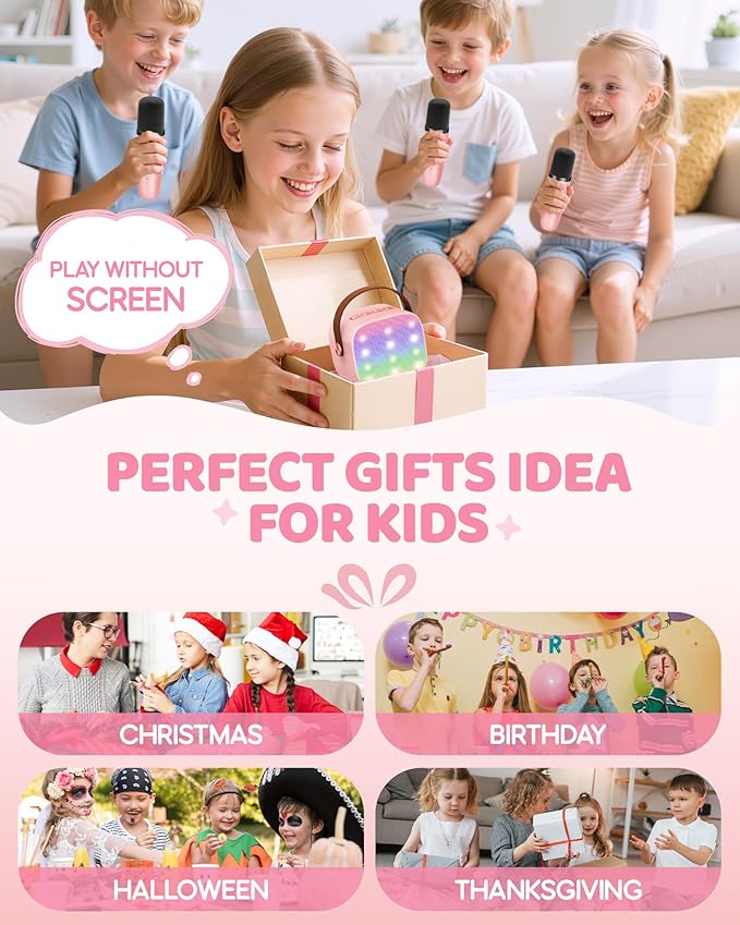 Upgraded Mini Karaoke Machine with 3 Wireless Microphones Toy for Kids, 2026 Top Birthday Gifts for Girls Boys, Portable MP3 Player for Ages 3, 4, 5, 6, 7, 8, 9, 10, 11, 12+ Year Old Party (P-Ink)