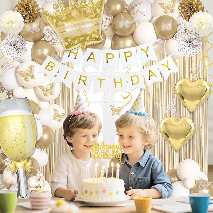 White and Golden Birthday Party Decorations Happy Birthday Banner Fringe Curtains Butterfly Gold White Sand Confetti Foil Balloons Happy Birthday