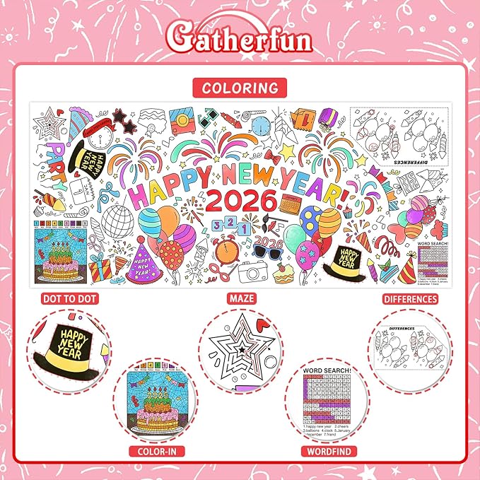 Gatherfun Giant Coloring Poster for Classroom Wall - Versatile 31.5 x 72 Inches Happy New Year Activity Poster/Table Cover, School Parties, Happy New Year Party and Special Events Decoration