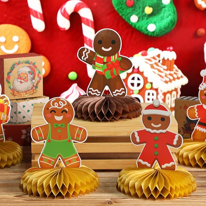 12 Pcs Gingerbread Honeycomb Centerpieces Christmas Table Decorations Gingerbread Man 3D Honeycomb Decoration Tabletop Holiday Party Decorations for Winter, Xmas Cookie Tabletop Decor