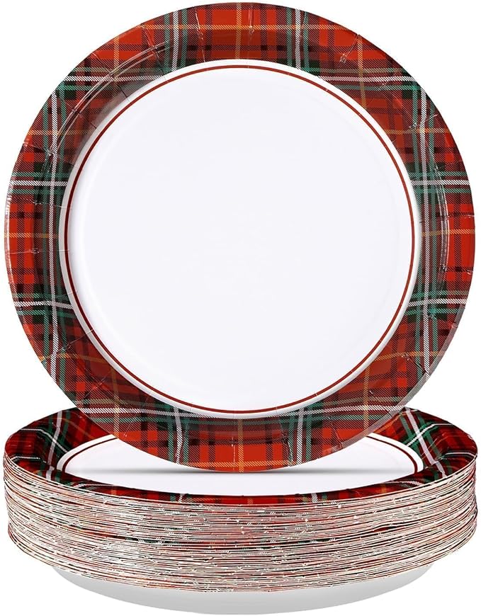 50Pcs Christmas Paper Plates 10" Large Disposable Red Green Plaid Paper Platters Red Black Christmas Buffalo Plaid Dessert Plates for Winter Xmas Theme Party Decoration