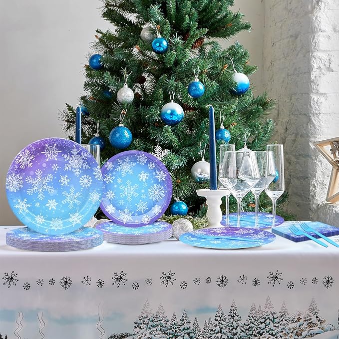 96 Pieces Snowflake Winter Party Supplies Set - Blue White Snowflake Design Disposable Tableware with Paper Plates, Napkins, Forks for Christmas, Winter Wonderland, Frozen-Themed Birthday Decorations