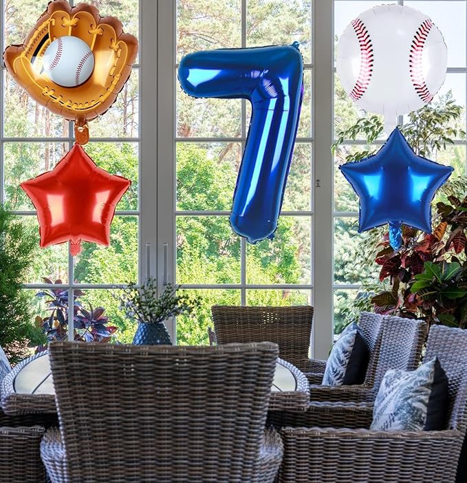 Baseball Balloons 7th Birthday Decorations for Boys | Baseball Birthday Decoration Sports Theme Party Supplies, 32Inch Foil Mylar Number 7 Balloon Navy Blue Red White Sports Balloon Arch Kits