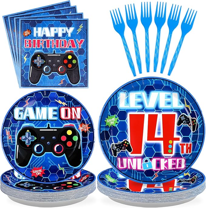96 Pcs 14th Video Game Birthday Party Decorations Blue Video Game Level 14 Birthday Plates and Napkins Tableware Sets for Kids Boys 14 Years Old Gamer Gaming Party Supplies Favors Serves 24