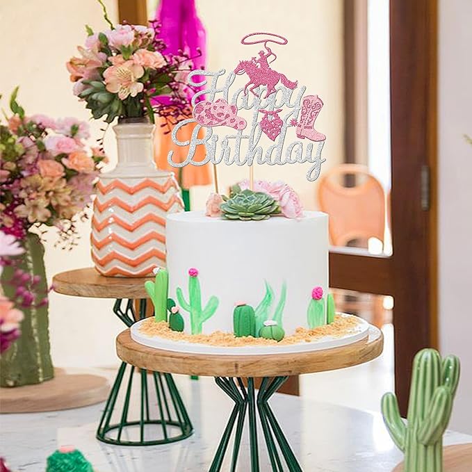 1 PCS Cowgirl Happy Birthday Cake Topper - Silver Glitter Western Hat Boot Disco Pick Decoration for Theme Women Party Supplies