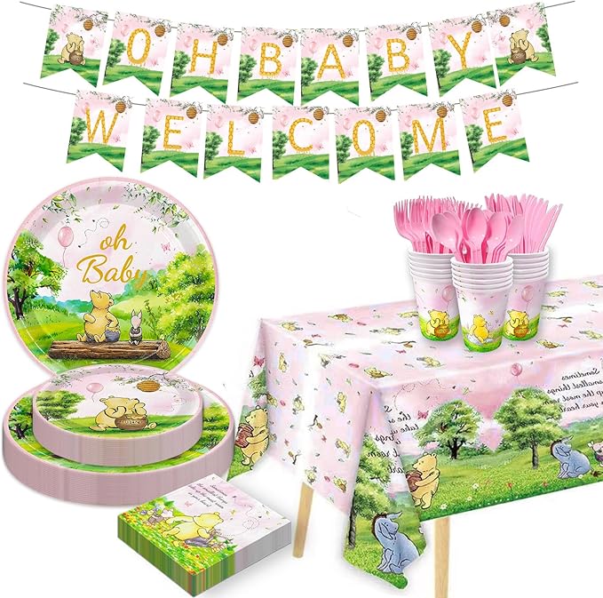 178pcs Pink Winnie Bear Baby Shower Pooh Party Supplies Decorations Oh Baby Plates and Napkins Tableware Set for Boys Girls Newborn Kids Cups Tablecloth Banner Birthday Decorations for 25 Guests