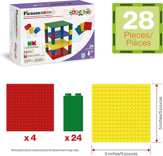 PicassoTiles Building Blocks Classic Brick 28PC Stackable Platform Foundation Base Plate Multi Color Set for Build Block Bricks Compatible with All Major Brands STEM Construction Kit Kids Age 3+ PBS03