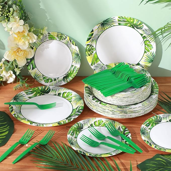 180 Pcs Summer Tropical Paper Plates and Forks Tropical Party Supplies 9'' Disposable Plates 7'' Paper Snack Plates Plastic Forks for Kids Birthday Hawaiian Beach Party Decorations, Serves 60