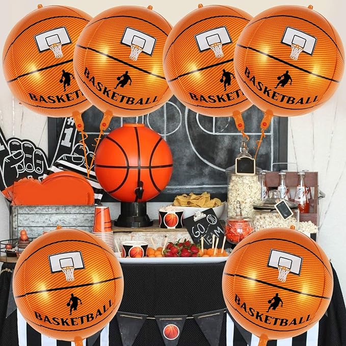 6 Pcs Basketball Balloons, 22 Inch Foil Mylar Basketball Balloon Large Round Sphere Balloons for Basketballs Sports Themed Birthday Party Decorations Supplies