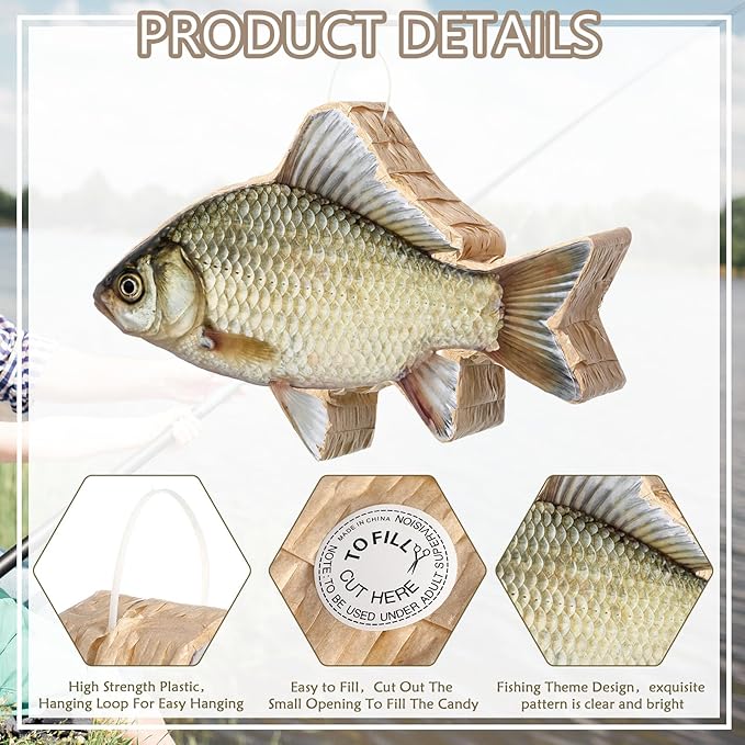 Aoriher Gone Fishing Piñata Fishing Birthday Piñata Little Fisherman Piñata Summer Fish Piñata with Bat and Stick for Summer Birthday Retirement Barbecue Party Game Supplies Decoration