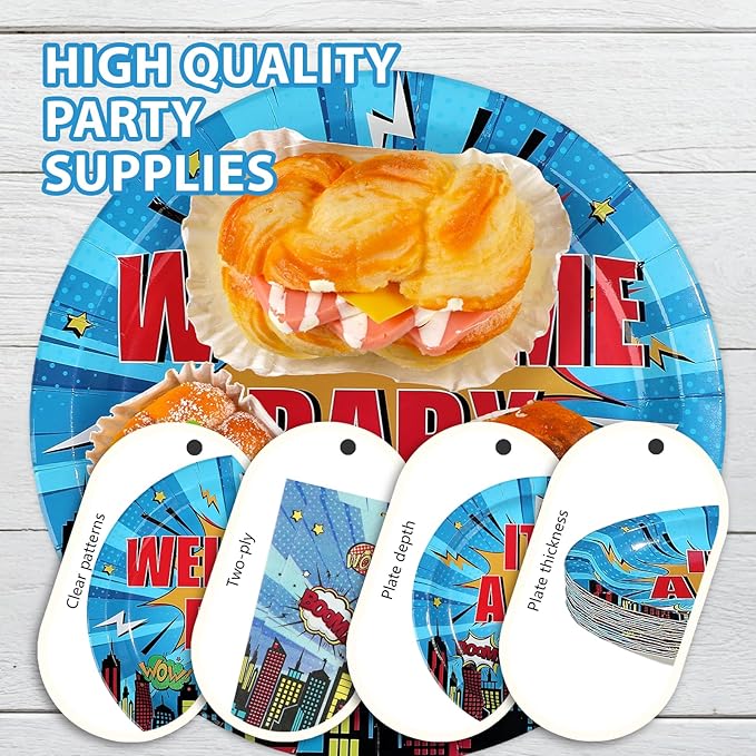 96Pcs Super Theme Hero Baby Shower Party Decoration Hero City Buildings Plates and Napkins Blue Welcome Baby Disposable Tableware Set for Boys Baby Shower Birthday Party Supplies Serves 24