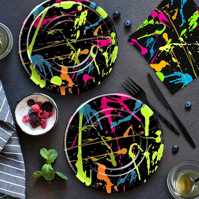 Neon Party Supplies Dinnerware, Neon Graffiti Theme Glow In The Dark Party Decorations Tableware for Birthday Baby Shower, Paper Plate, Napkin, Tablecloth, Fork | Serves 24